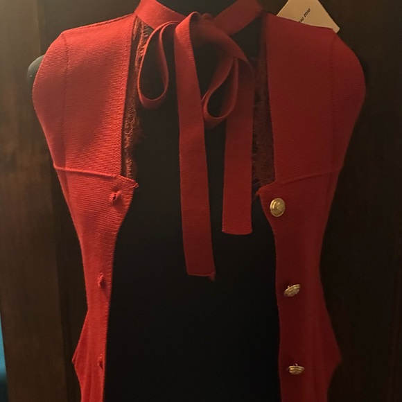 NWT Miu Miu Red Button Down Vest Lace Trim with Tie Sash Size S - Picture 6 of 14